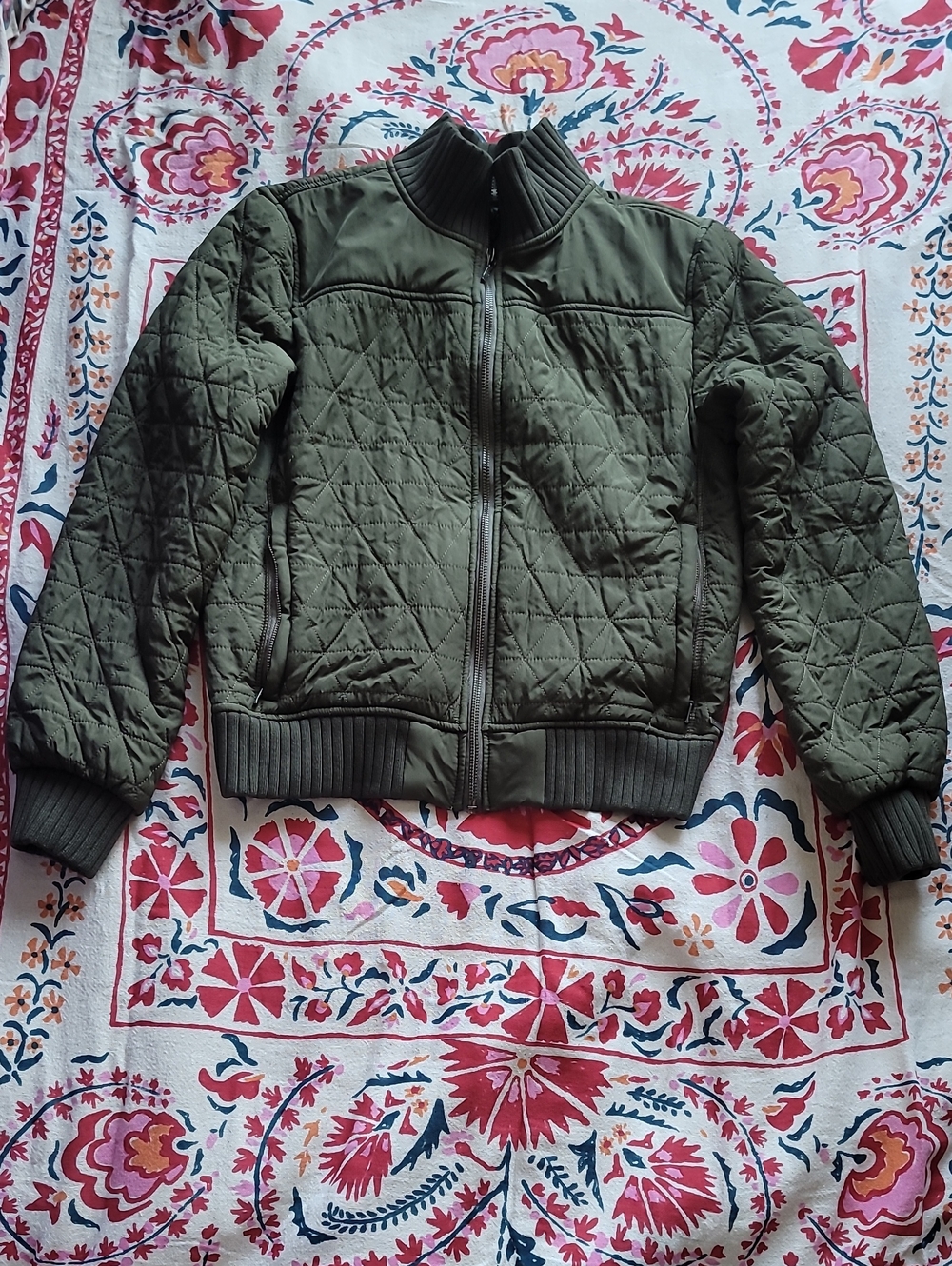 Prana Quilted Cozy Bomber Jacket in Olive Green